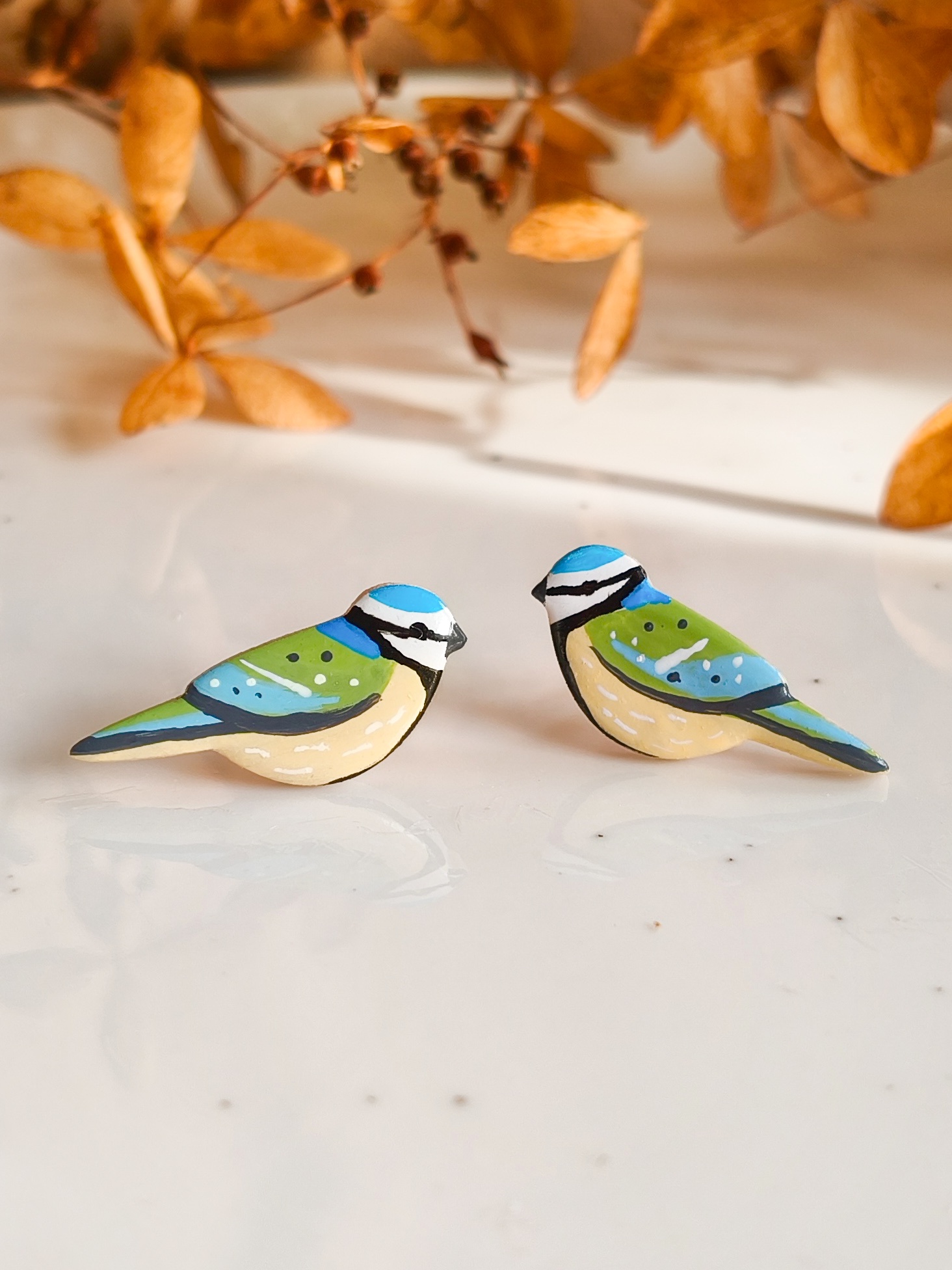 Kolczyki Kolorowe ptaki - Sikorki Modre wyjątkowe rękodzieło idealne na prezent