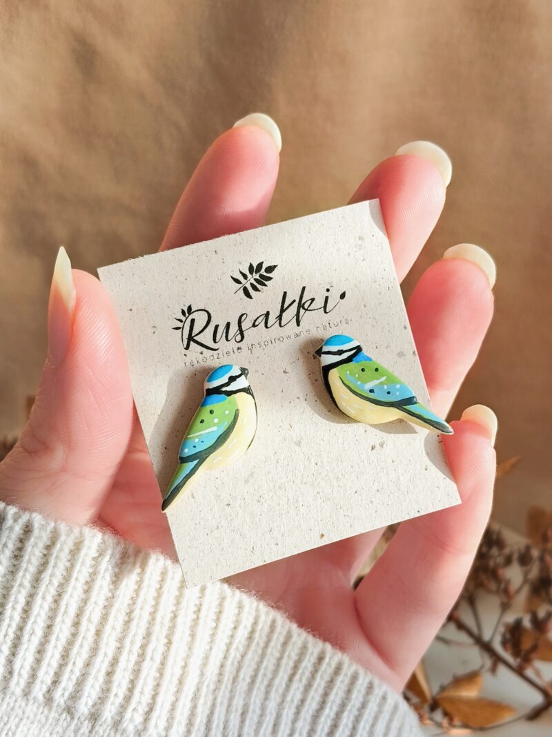 Kolczyki ptaszki Sikorki Modre kolorowa wiosenna biżuteria w rustykalnym stylu