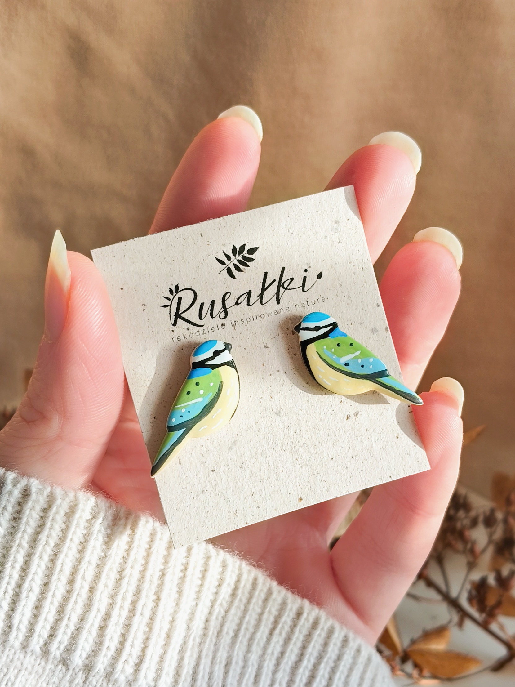 Kolczyki ptaszki Sikorki Modre kolorowa wiosenna biżuteria w rustykalnym stylu