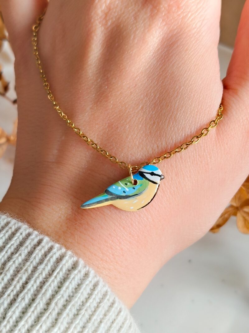 Naszyjnik z ptaszkiem - Sikorka Modra Modraszka piękny kolorowy wisiorek w stylu boho