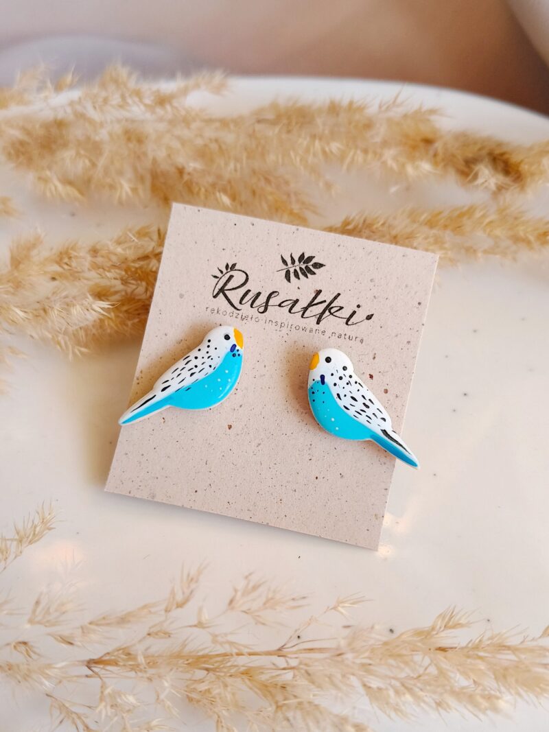 Boho kolczyki sztyfty z Papużkami Falistymi niebieskimi, ręcznie robiona biżuteria. Egzotyczny motyw ptaków przyciąga uwagę. Radosny dodatek na co dzień