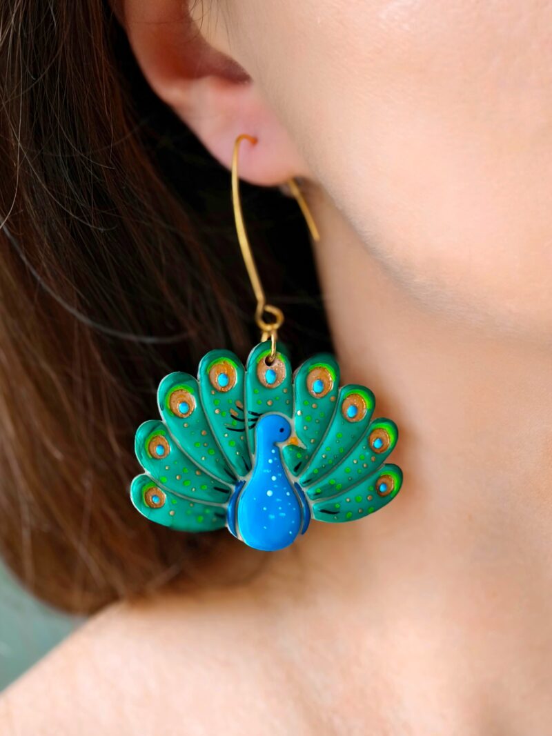 Kolczyki ptaki Pawie - artystyczne duże kolczyki wiszące