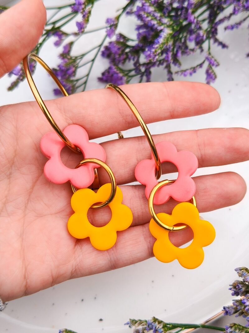Kolczyki Kwiatuszki 8w1 - Żółto + Różowe