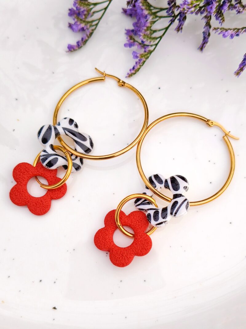 Kolczyki Kwiatuszki 8w1 - Czerwone + Biało-Czarne