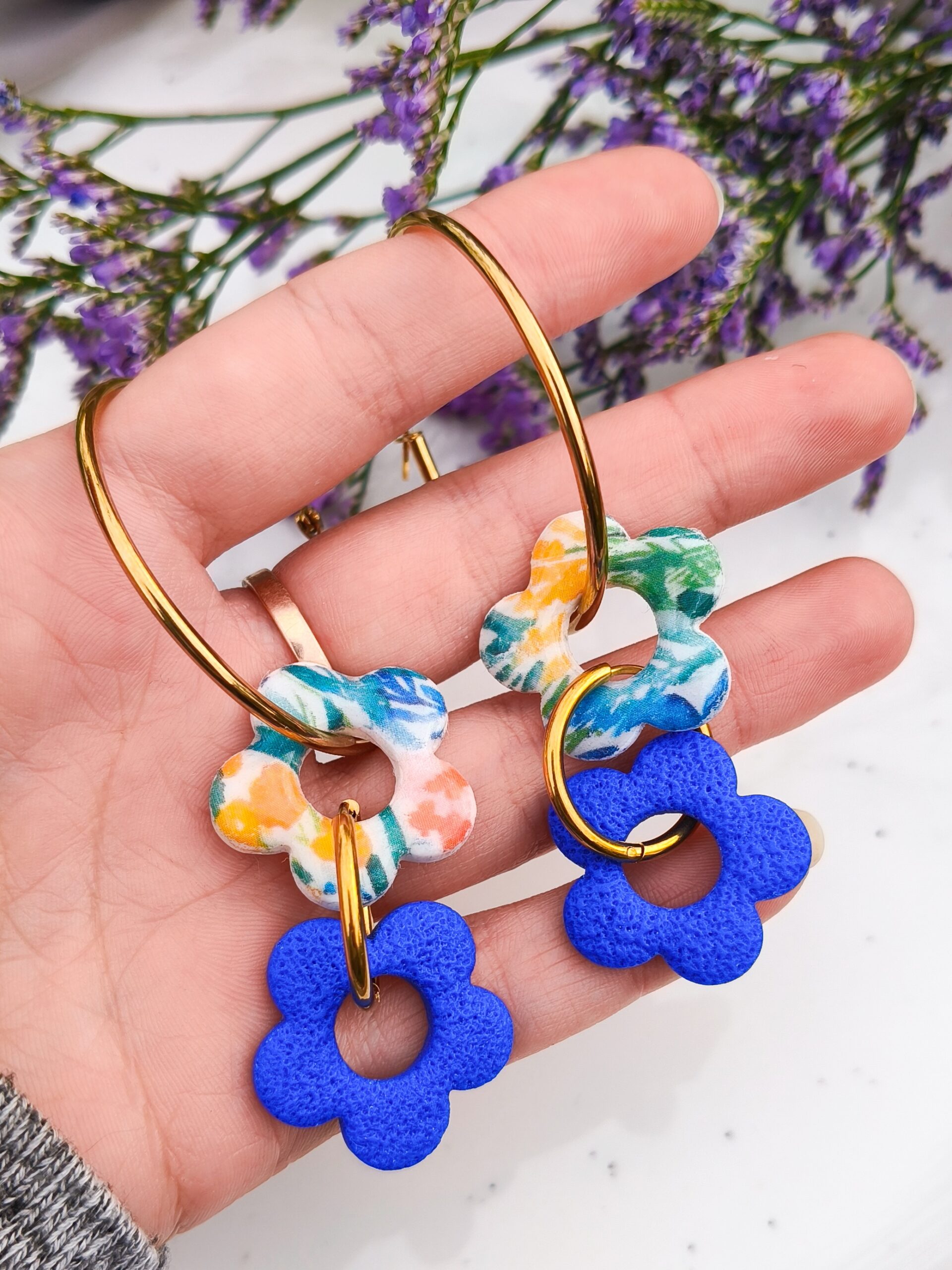 Kolczyki Kwiatuszki 8w1 - Niebieskie + Wielokolorowe - obrazek 2