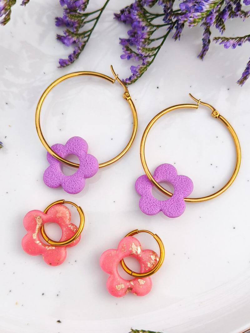 Kolczyki Kwiatuszki 8w1 - Fioletowe + Różowo-Złote