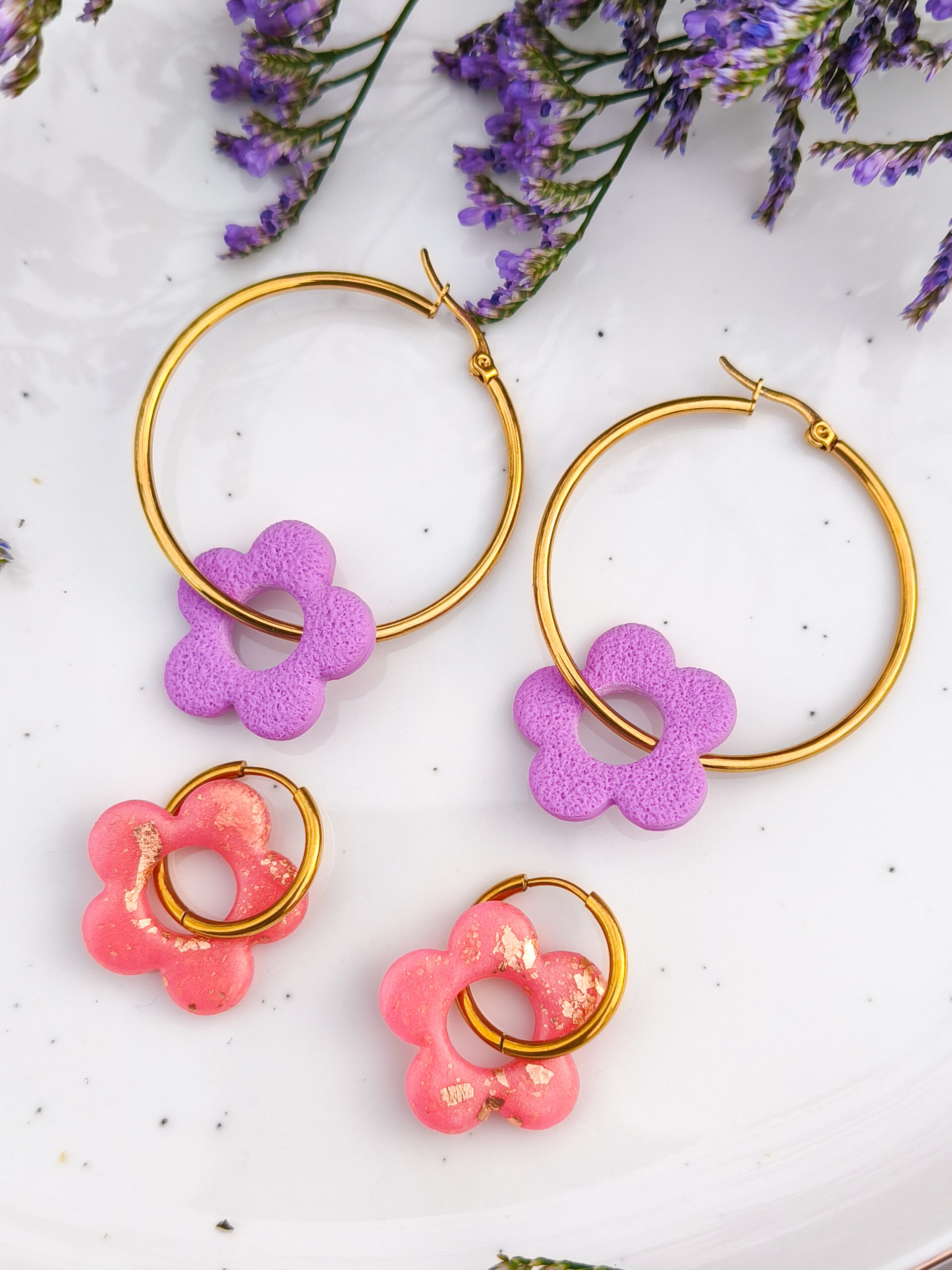 Kolczyki Kwiatuszki 8w1 - Fioletowe + Różowo-Złote
