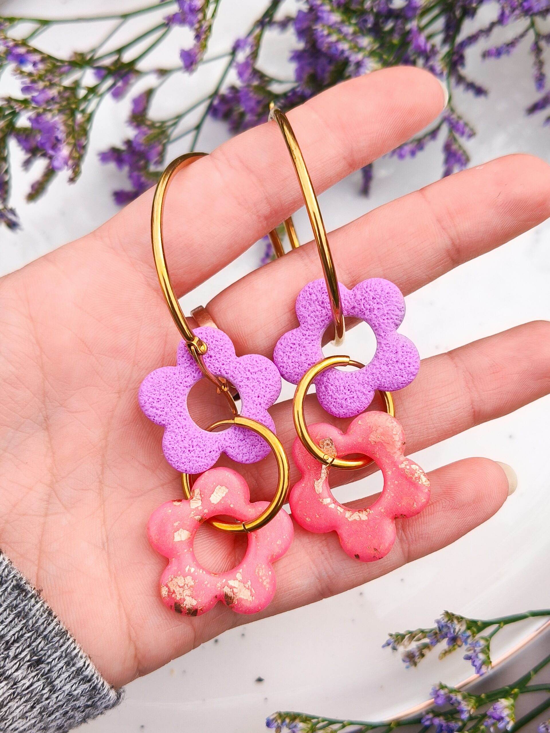 Kolczyki Kwiatuszki 8w1 - Fioletowe + Różowo-Złote - obrazek 2