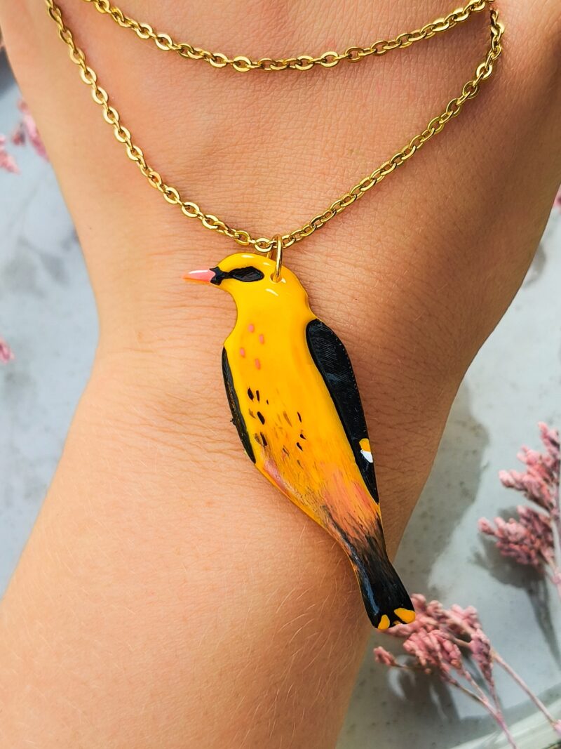 Kolczyki, naszyjnik i pin z wilgą Elegancka biżuteria z ptakiem dla miłośników przyrody, birdwatchingu i natury (10)